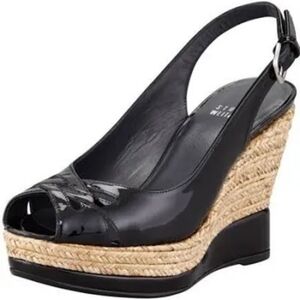 Stuart Weitzman Do Lunch Black Patent Leather Espadrille Wedge Sandal